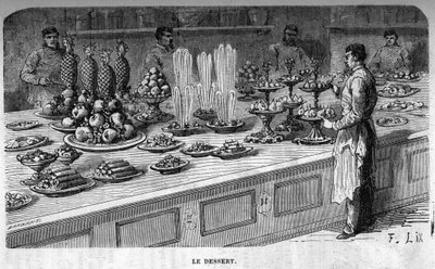 Keukens van het Palais des Tuileries: Bereiding van desserts tijdens een receptie onder het Tweede Keizerrijk. Gravure door Barbant door Charles Barbant