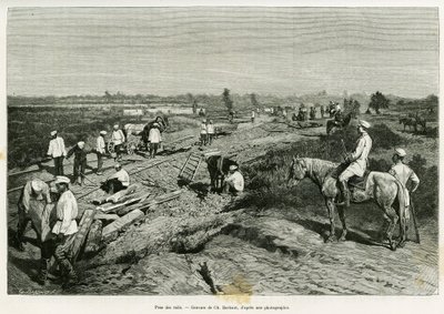 Het leggen van de transcaspische rails. Gravure door Ch. Barbant ter illustratie van het verhaal Voyage a Merv, door Edgar Boulanger, in le tour du monde 1887, onder leiding van Edouard Charton (1807-1890), Hachette, Parijs door Charles Barbant