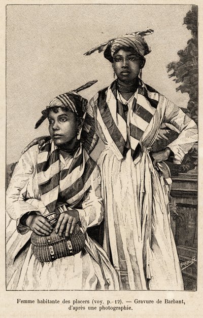 Vrouwen die in goudmijnen wonen, mineraalafzettingen. Gravure door Barbant ter illustratie van het verhaal "chez nos indiens, quatre années de voyage dans la Guiane française" door Charles Barbant