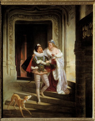De markiezin van Noirmoutiers, Charlotte de Beaune Semblancay, probeert Hendrik I van Lotharingen, hertog van Guise, te overtuigen om naar de vergadering van de staten van Blois te gaan voor zijn moord in 1588 in het kasteel van Blois door Charles Barthelemy Durupt