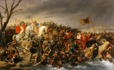 Lotharius van Frankrijk verslaat keizer Otto II aan de oevers van de Aisne, oktober 978 door Charles Barthelemy Jean Durupt