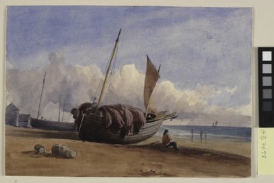 Gestrand vissersboot met zittende visser door Charles Bentley