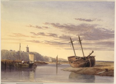 Vissersboten in Rye Harbour, met een windmolen in de verte door Charles Bentley