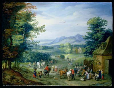 De druivenoogst, figuren in een landschap door Charles Beschey