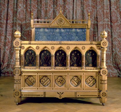 Gotische Revival Ingelegd Bed met Gestoffeerd Hoofdeinde, gemaakt door Marsh & Jones, ca.1866 (hout) door Charles Bevan