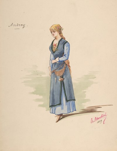 Kostuumontwerp voor Andrey [a], Beschrijvende bladzijde van Accessoires [b], 1889 door Charles Bianchini