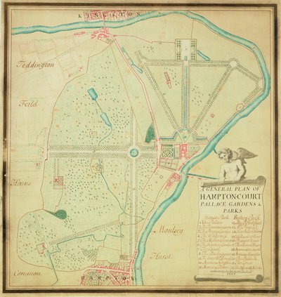 Algemeen plan van de tuinen en parken van Hampton Court Palace, ca. 1713 door Charles Bridgeman