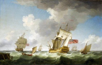 Een handelsschip van de Britse Oost-Indische Compagnie in sterke wind, nabij de pier, die het net heeft verlaten door Charles Brooking