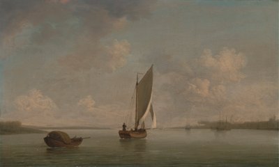 Een vissersboot onder zeil in een lichte bries in een rivier door Charles Brooking