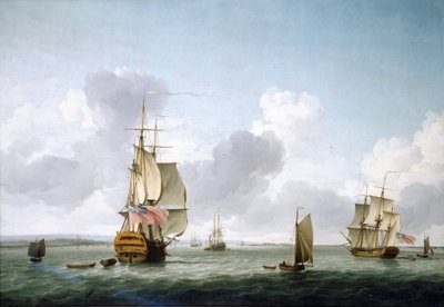 Een schip met twee dekken en een fregat die de Theems (Engeland) opvaren, voor Gravesend door Charles Brooking