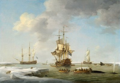 Groenlandse visserij: Engelse walvisvaarders in het ijs, ca. 1750 door Charles Brooking