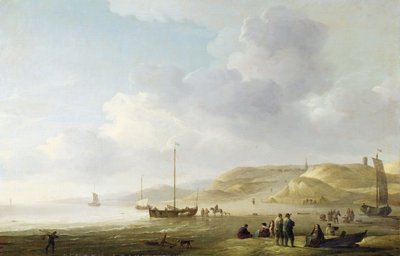 De kust bij Scheveningen met vissersboten op het strand door Charles Brooking