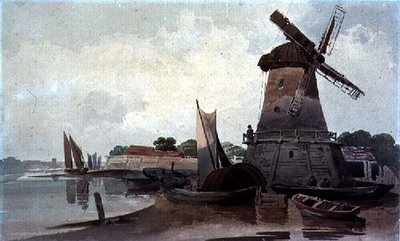 Uitzicht op de Theems, met molen en boten door Charles Calvert