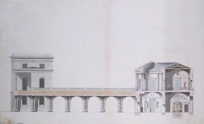 Dwarsdoorsnede van het Agaatpaviljoen en de Hangende Tuin in Tsarskoye Selo, ca. 1780 door Charles Cameron
