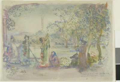 Scène op een meer in de ochtend door Charles Edward Conder