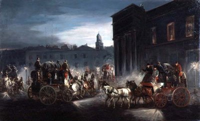 De Edinburgh Mail Coach en Andere Koetsen in een Verlichte Straat door Charles Cooper Henderson