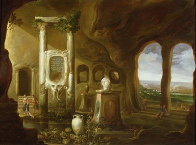 Een monument voor Augustus, in een grot met figuren door Charles Cornelisz de Hooch