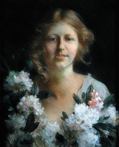Portret van een dame met bloemen door Charles Courtney Curran