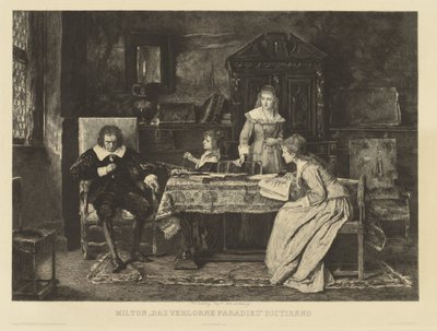 Milton in een armstoel gezeten dicteert aan eene zijner dochters zijn paradise lost door Charles Courtry