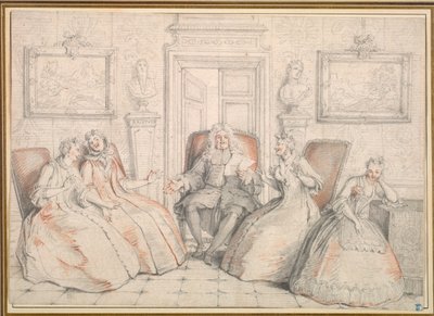 Trissotin leest voor aan Philaminte, Bélise en Armande (uit act 3, scène 2 van Molière