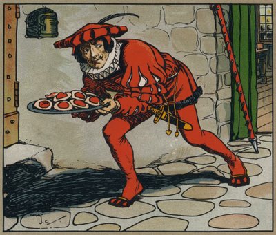 Hij Stal Die Taarten (kleurenlithografie) door Charles Crombie