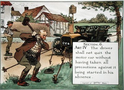 Sectie 6. Art. IV De bestuurder mag de auto niet verlaten zonder alle voorzorgsmaatregelen te hebben genomen tegen het starten ervan in zijn afwezigheid, uit een boek met verkeersregels, gepubliceerd c.1905 door Charles Crombie