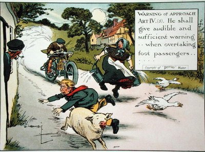 Waarschuwing van nadering. Art. IV.(5) Hij moet hoorbare en voldoende waarschuwing geven...bij het inhalen van voetgangers, uit een boek met verkeersregels, gepubliceerd c.1905 door Charles Crombie