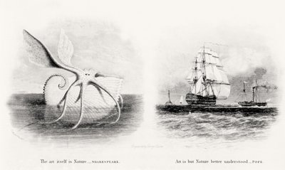 Een reuzeninktvis en twee schepen op zee, gegraveerd door George Cooke (1781-1834) door Charles Curtis