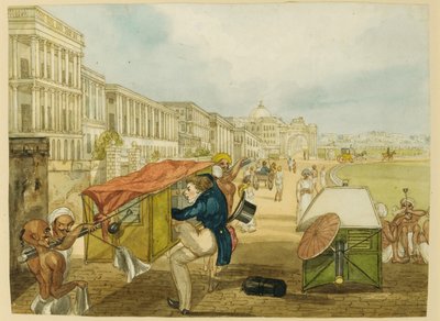 Een onervaren palankijndrager, Tom Shaw huurt een palankijn op de Esplanade, Calcutta door Charles DOyly