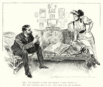 Mannen zijn helden - minder dan de helft is vrijgezel (litho) door Charles Dana Gibson