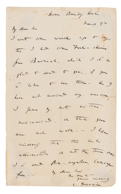 Handtekeningbrief door Charles Darwin