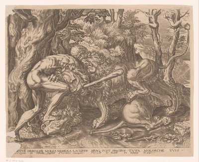 Hercules houdt de Nemeïsche leeuw in een wurggreep door Charles David