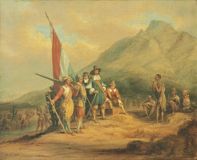 De aankomst van Jan van Riebeeck en zijn mannen aan de Kaap de Goede Hoop in april 1652 door Charles Davidson Bell