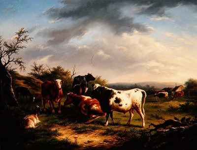 Vee en schapen in een landschap (een van een paar) door Charles Desan