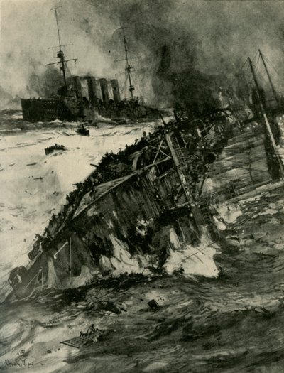 Het Zinken van HMS Aboukir, Eerste Wereldoorlog, 22 september 1914, ca. 1920 door Charles Dixon