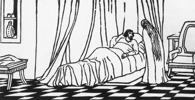 Melisande bezoekt Golaud, die in bed ligt na een val van zijn paard, houtsnede door Charles Doudelet voor Pelleas en Melisande door Maurice Maeterlinck, uitgegeven door Claudio Argentieri, Spoleto, Italië door Charles Doudelet