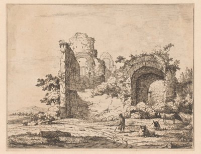 Landschap met ruïne en herder door Charles Echard (attributed to)