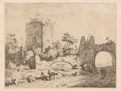 Landschap met ruïne van een toren en een poort (serie titel) door Charles Echard (attributed to)