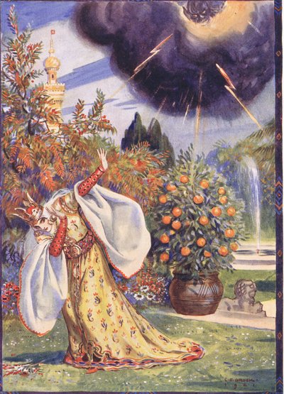 Een dikke wolk verscheen waaruit bliksemschichten schoten, scène uit Sucna Murga in Kinderverhalen uit Roemeense legenden door Moses Gaster (1856-1939) 1921 door Charles Edmund Brock