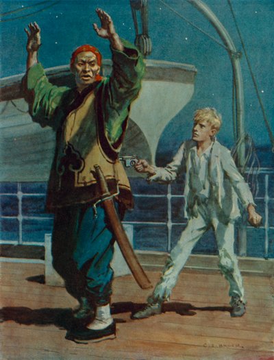 Jongen houdt een Chinese piraat onder schot, scène uit Hai Ping de Piraat door Charles Edmund Brock