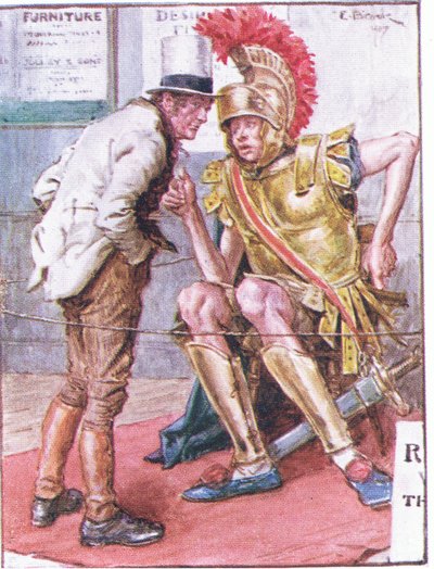 Dokter Marigold, wie is de vreemde jonge man die rond je karren hangt?, illustratie uit Dr Marigolds Recept, 1910 door Charles Edmund Brock