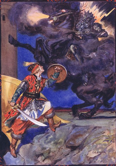 Ik ben gekomen om tegen je te vechten, rover van mijn geliefde, scène uit Sucna Murga in Kinderverhalen uit Roemeense legenden door Moses Gaster (1856-1939) 1921 door Charles Edmund Brock