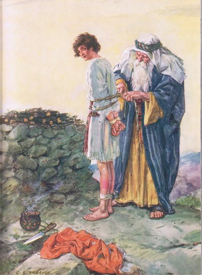 Moet Isaac sterven? illustratie uit Through the Bible, Virtue Publishing, 1928 door Charles Edmund Brock