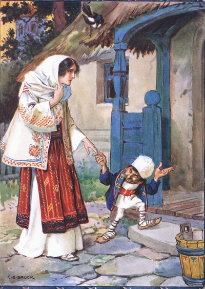 Kleine broer Bit nam zijn mooie bruid mee naar het huis dat hij voor haar had gebouwd, scène uit Kleine broer Bit in Kinderverhalen uit Roemeense legenden door Moses Gaster (1856-1939) 1921 door Charles Edmund Brock