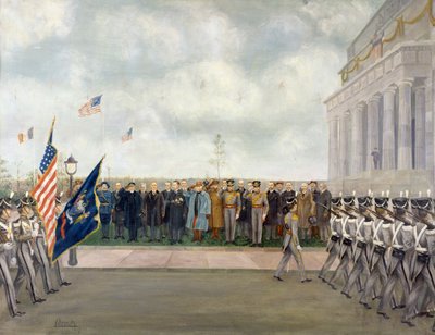 Maarschalk Joffre op missie naar Washington inspecteert studenten van West Point, lente 1917, door Charles Edmund Brock (1870-1938), Eerste Wereldoorlog, de Verenigde Staten, 20e eeuw door Charles Edmund Brock