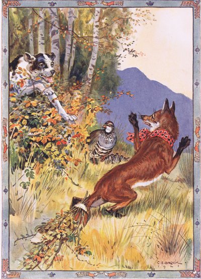 Uit de struiken sprong de hond, scène uit Het verhaal van de patrijs, de vos en de hond in Kinderverhalen uit Roemeense legenden door Moses Gaster (1856-1939) 1921 door Charles Edmund Brock