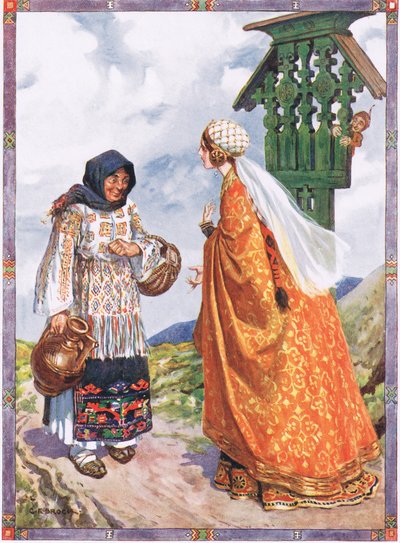 De prinses... vroeg haar om de boerenkleding te ruilen voor haar koninklijke gewaden, scène uit Geluk en ongeluk in Kinderverhalen uit Roemeense legenden door Moses Gaster (1856-1939) 1921 door Charles Edmund Brock
