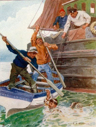 De twee mannen in de boot begonnen wanhopig te slaan en te graven naar een walgelijk voorwerp door Charles Edmund Brock