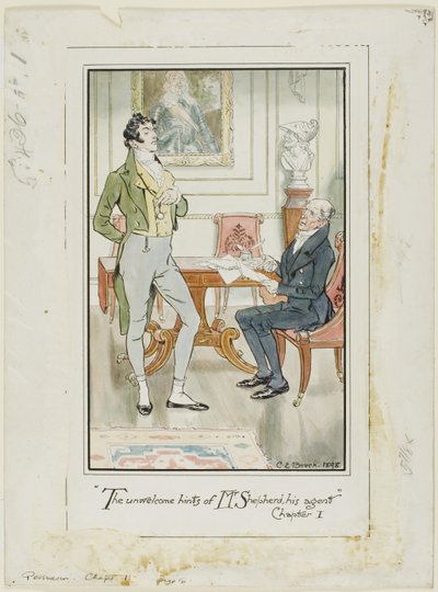 "The unwelcome hints of Mr. Shepherd, his Agent, Hoofdstuk I Frontispiece voor Persuasion van Jane Austen door Charles Edmund Brock