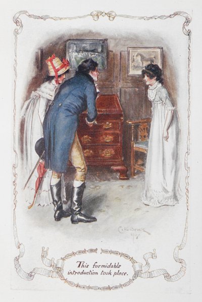 Deze formidabele introductie vond plaats, Georgina Darcy en haar broer, Fitzwilliam Darcy, met Elizabeth Bennet, illustratie bij 